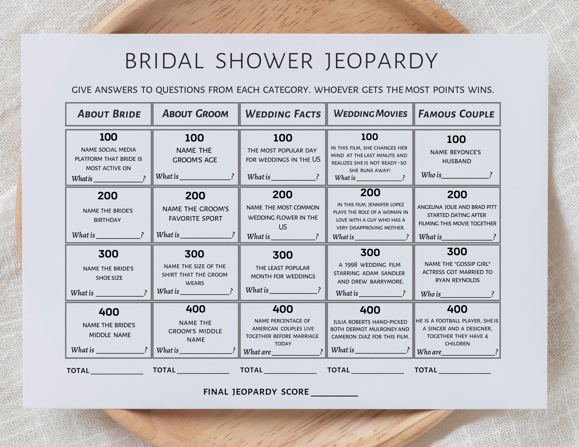 Bridal Shower Jeopardy Template