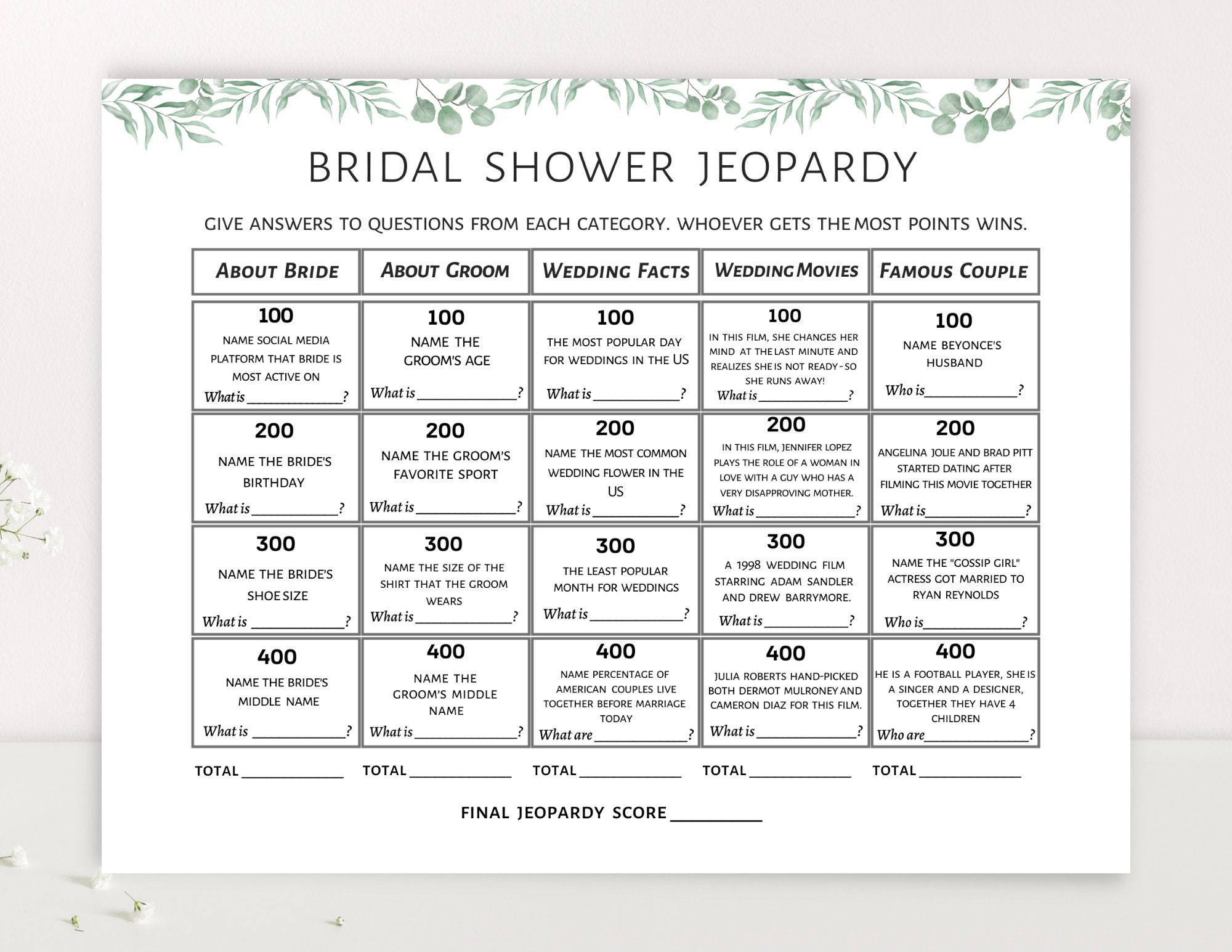 Bridal Shower Jeopardy Game: Greenery Design (PDF Download) - Etsy
