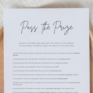 Pass the prize game, baby shower games, pass the poem game, minimalist printable game, digital download