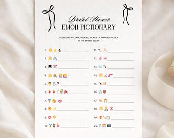 Emoji Pictionary - Bridal Shower Game. Minimalist, Vintage Bow. Editable in Canva.