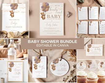 Puede incluir: Un paquete de baby shower con temática de osito de peluche. El paquete incluye un cartel de bienvenida, una invitación, una etiqueta para botella de agua, un cartel para la rifa de pañales, etiquetas de agradecimiento, adornos para cupcakes y otros artículos imprimibles. El diseño presenta un osito de peluche marrón sosteniendo globos con detalles en rosa y morado.