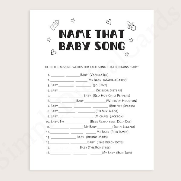 Babyshower-lek Namnge babyn sång - minimalistisk. Digital nedladdning.