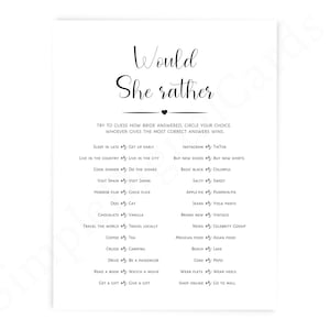 Would she rather, bridal shower game minimalist, game printable, digital download