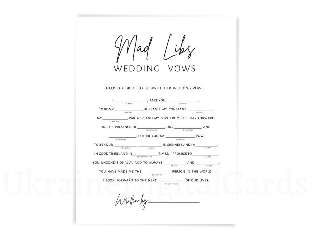 Mad Libs Wedding Vows, Bridal Shower Games, Minimalist Printable Games