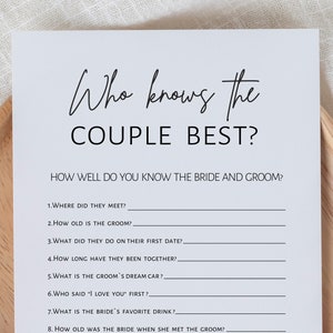Who knows the couple best, bridal shower game, bride groom trivia quiz, minimalist printable bridal shower game instant download