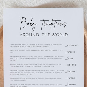 Baby traditions around the world, baby shower games, minimalist printable game, digital download
