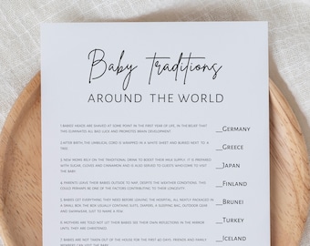 Baby traditions around the world, baby shower games, minimalist printable game, digital download