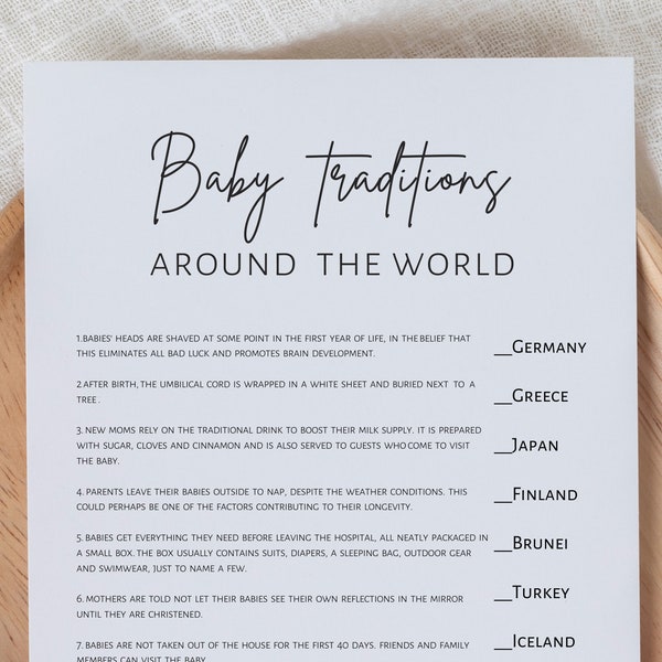 Babytradities over de hele wereld, babyshowerspellen, minimalistisch printbaar spel, digitale download