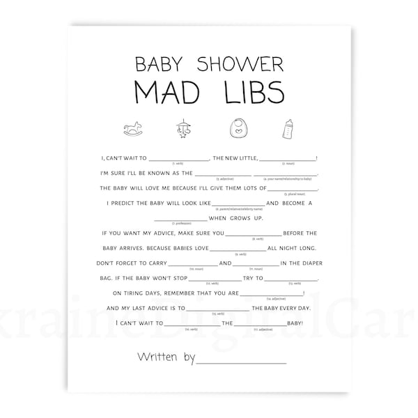 Mad libs, baby shower game, advice for parents to be, simple black white baby shower game printable, digital download