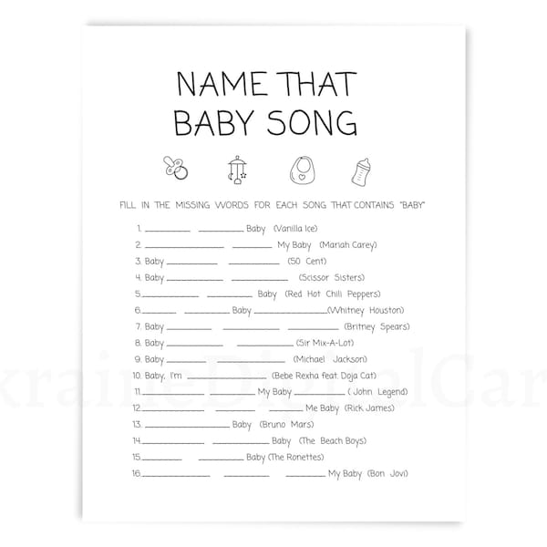 Nommez cette chanson de bébé, jeu de douche de bébé, simple jeu imprimable noir blanc, téléchargement numérique