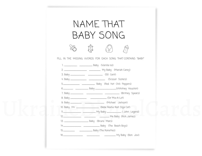 Name That Baby Song, Baby Shower Game, Simple Black White Printable