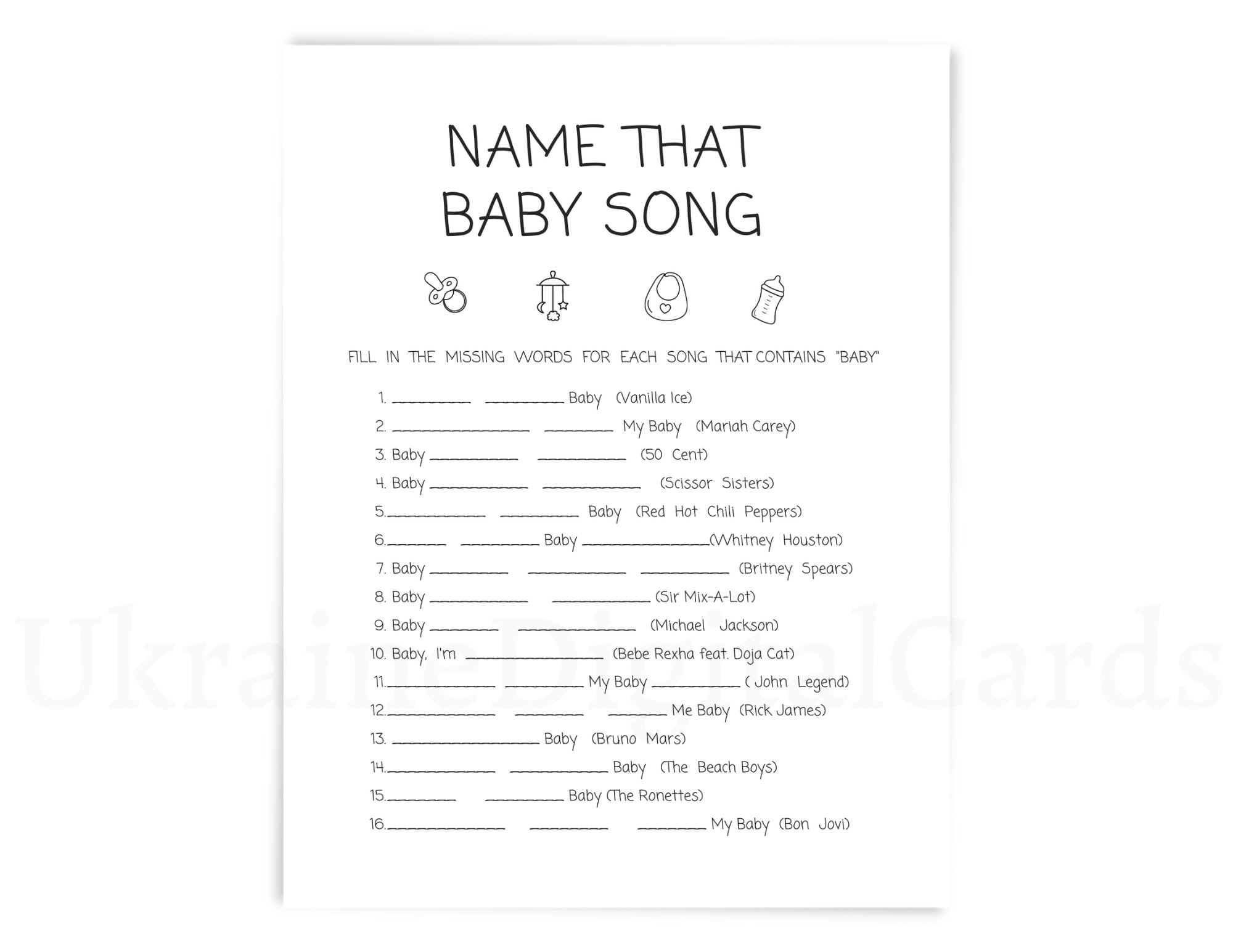 Name That Baby Song, Baby Shower Game, Simple Black White Printable