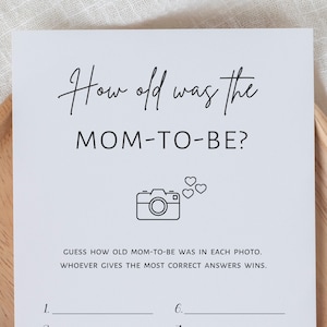 Wie alt wurde Mama, Babypartyspiele, Alter Fotospiel, minimalistische druckbare Spiele, digitaler Download