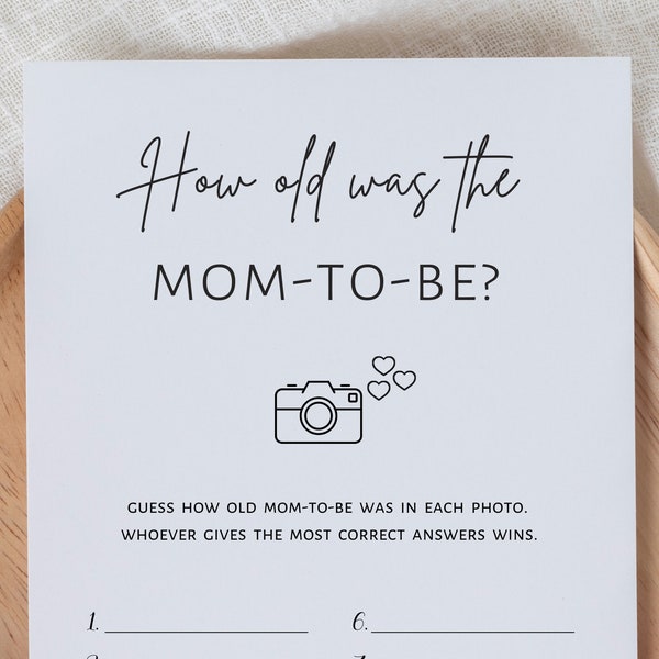 How old was mom to be, baby shower games, guess age photo game, minimalist printable games, digital download