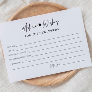 Conseils et souhaits pour les jeunes mariés, cartes de mariage de douche nuptiale, conseils pour les mariés, cartes imprimables minimalistes, téléchargement instantané