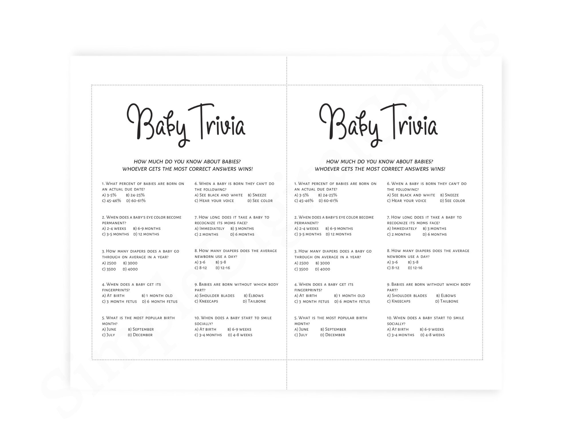 Baby Trivia, Baby Shower Game Minimalist, Baby Shower Quiz, Boy, Girl