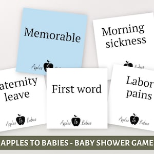Manzanas para bebes, juegos baby shower, tarjetas baby shower, juego imprimible, descarga digital, juego baby shower pdf, png, baby shower boy, azul