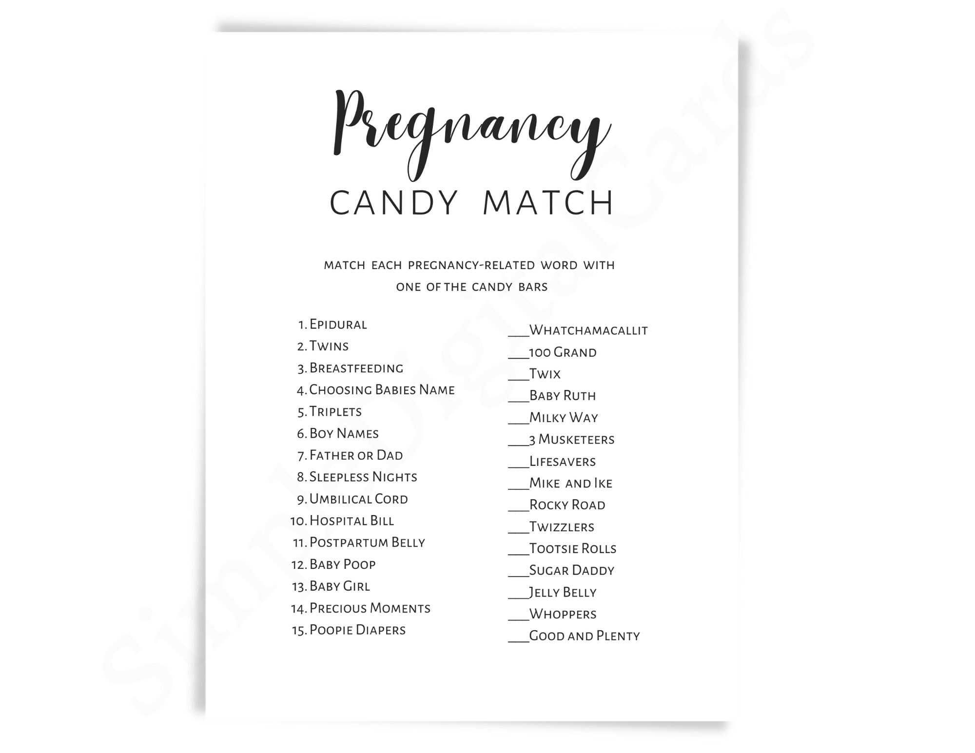 Pregnancy Candy Match, Baby Shower Game, Guess Candy Game, Black White