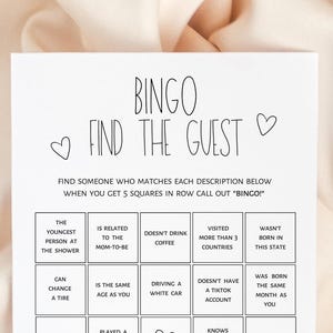Baby shower game find the guest bingo, game ice breaker, printable minimalist game. Digital download.