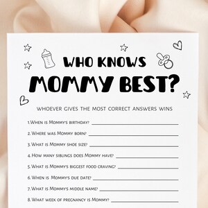 Who knows mommy best, baby shower game minimalist, digital download