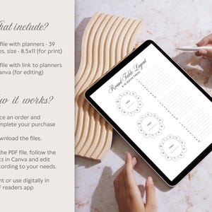 May include: A digital tablet displaying a printable round table seating chart layout for 9-15 guests. The chart includes numbered spaces for each guest's name. The text "Round Table Layout" is at the top of the chart.