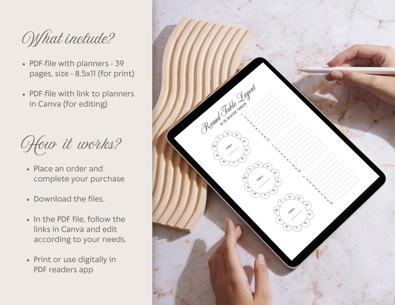 May include: A digital tablet displaying a printable round table seating chart layout for 9-15 guests. The chart includes numbered spaces for each guest's name. The text "Round Table Layout" is at the top of the chart.