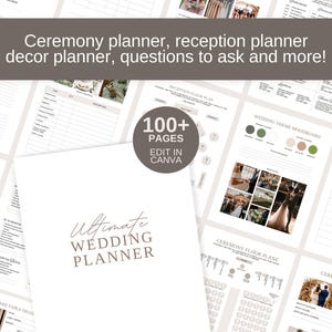 Wedding planner editable Canva template and printable. Wedding seating chart, checklists, timelines. Digital download
