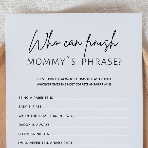 Who can finish mommy's phrase, baby shower games, minimalist printable game, digital download