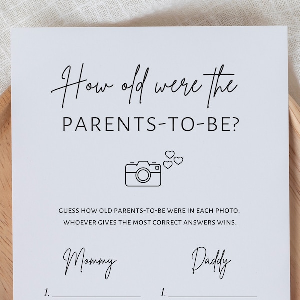 How old were the parents to be, baby shower games,  how old were they, how old were mom and dad, printable minimalist game, digital download
