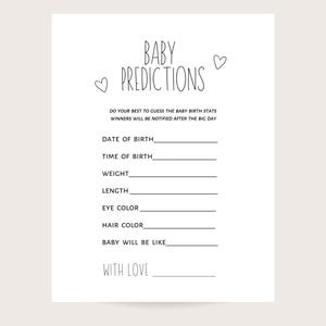 Prédictions pour bébé, jeu de baby shower, jeu imprimable en noir et blanc. Téléchargement numérique