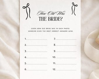 How old was the Bride - Bridal Shower Game. Minimalist, Vintage Bow. Editable in Canva.