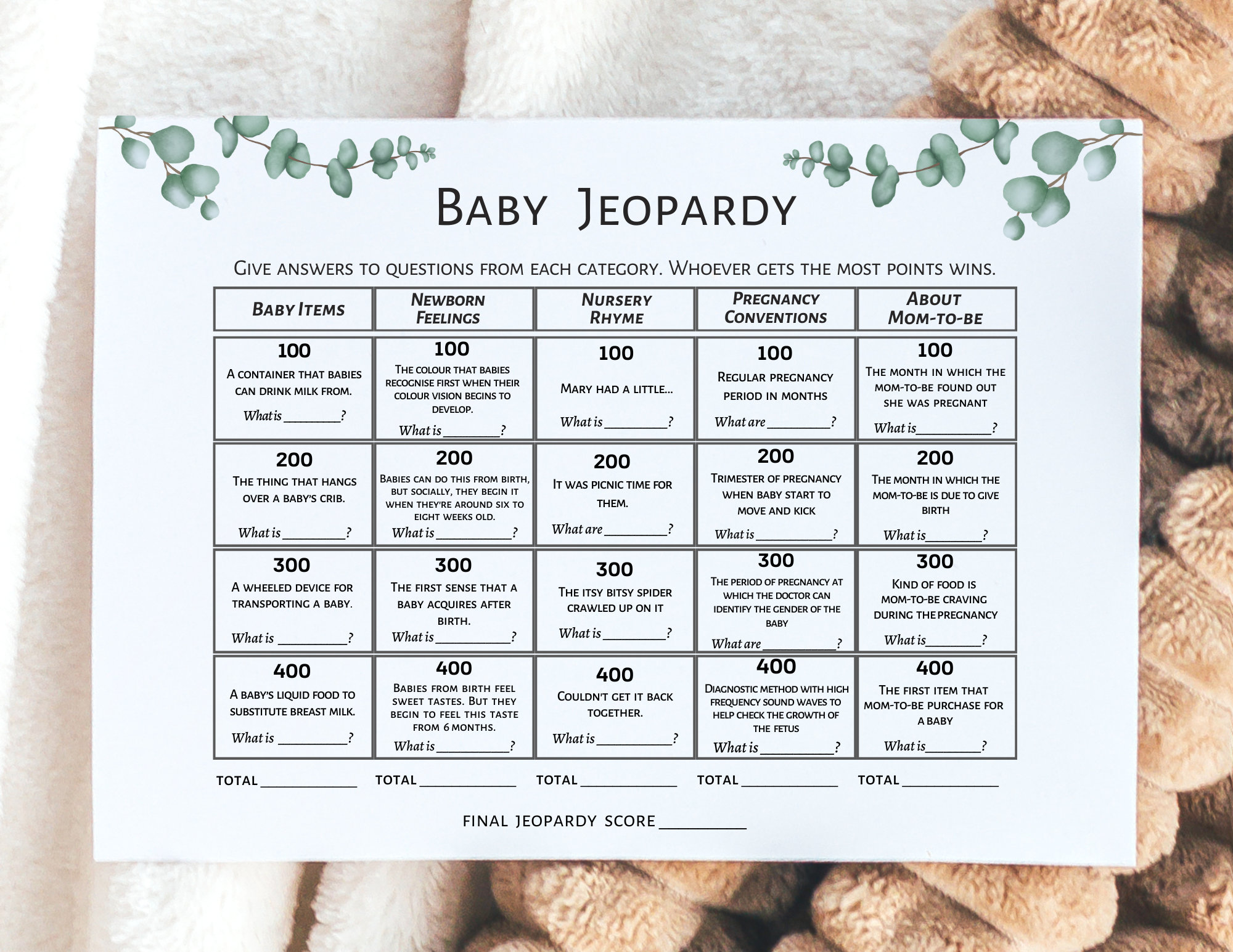 Baby Jeopardy Game, Baby Shower Games Printable, Greenery Baby Shower ...