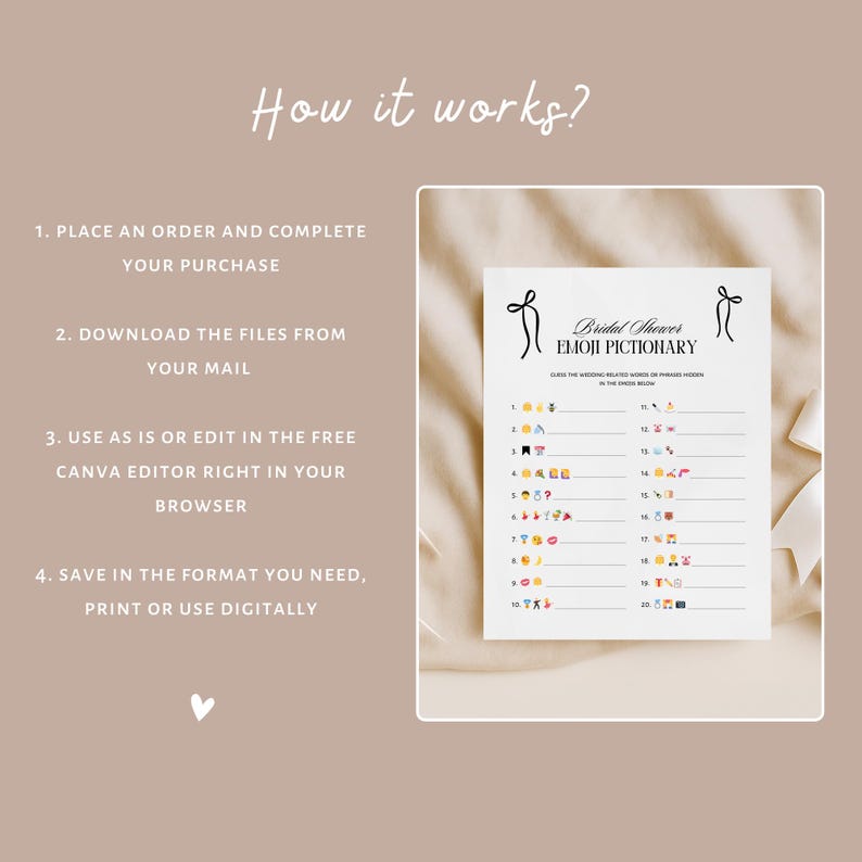 Pictionary Ribbon Emoji Pictionary - Bridal Shower Game. Minimalist, Vintage Bow ...