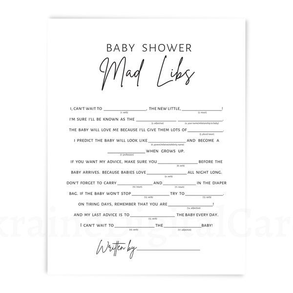 Mad libs, baby shower games, advice for parents to be, black white printable game, digital download