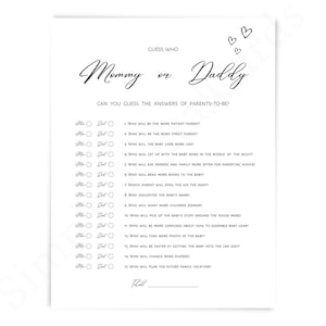 Guess who mommy or daddy, baby shower game, mom or dad, black white minimalist game printable, digital download