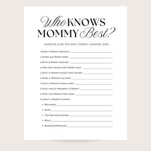 Baby shower game who knows mommy best, printable minimalist game. Instant download