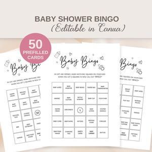 Cartones de bingo precargados, juego de baby shower, 50 cartones únicos minimalistas editables en Canva. Descarga digital