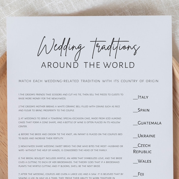 Wedding traditions around the world, bridal shower games, minimalist printable game, instant download