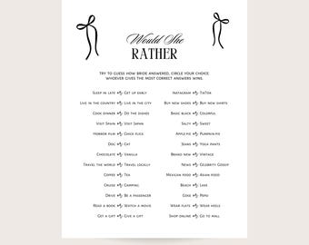 Bridal Shower Game - Would she rather. Minimalist, Vintage Bow. Printable.