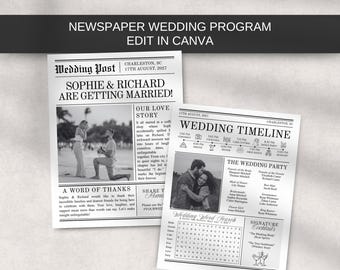 May include: A black and white newspaper-style wedding program with the headline "Sophie & Richard Are Getting Married!" The program includes a wedding timeline, party details, and a word search. The text "Edit in Canva" is at the top.