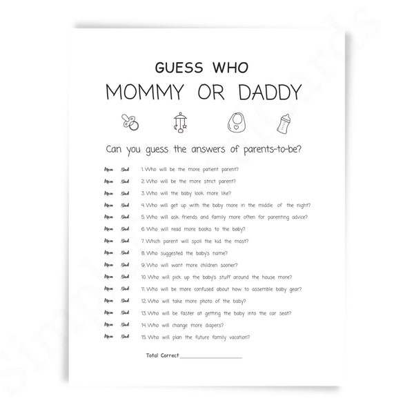 Guess who mommy or daddy, baby shower games, mom or dad, minimalist printable baby shower game, digital download