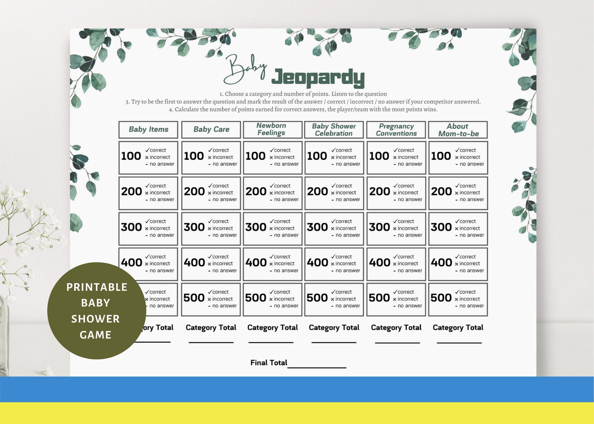 Baby Jeopardy Game Baby Shower Games Greenery Printable Baby Etsy
