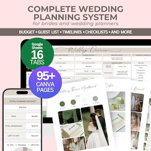Wedding Planner Spreadsheets and Canva templates: Budget, Guest list, Timeline, Program, Checklists.