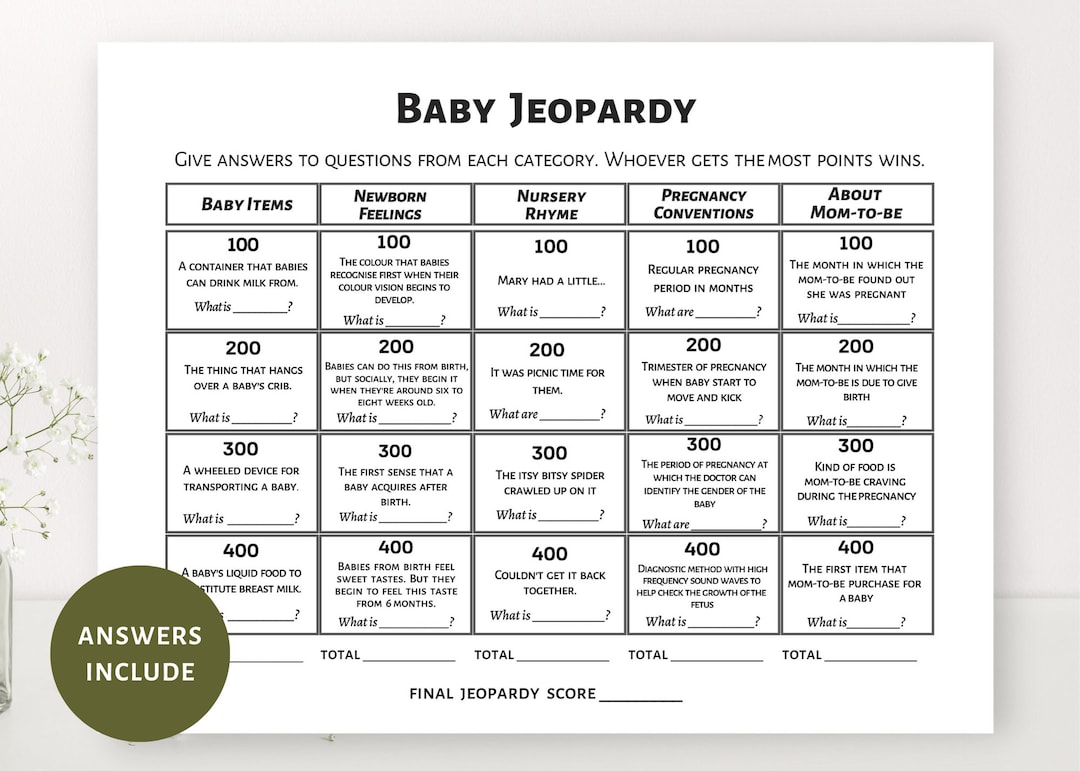 Baby Jeopardy Game, Baby Shower Games, Baby Quiz Game, Baby Shower Game