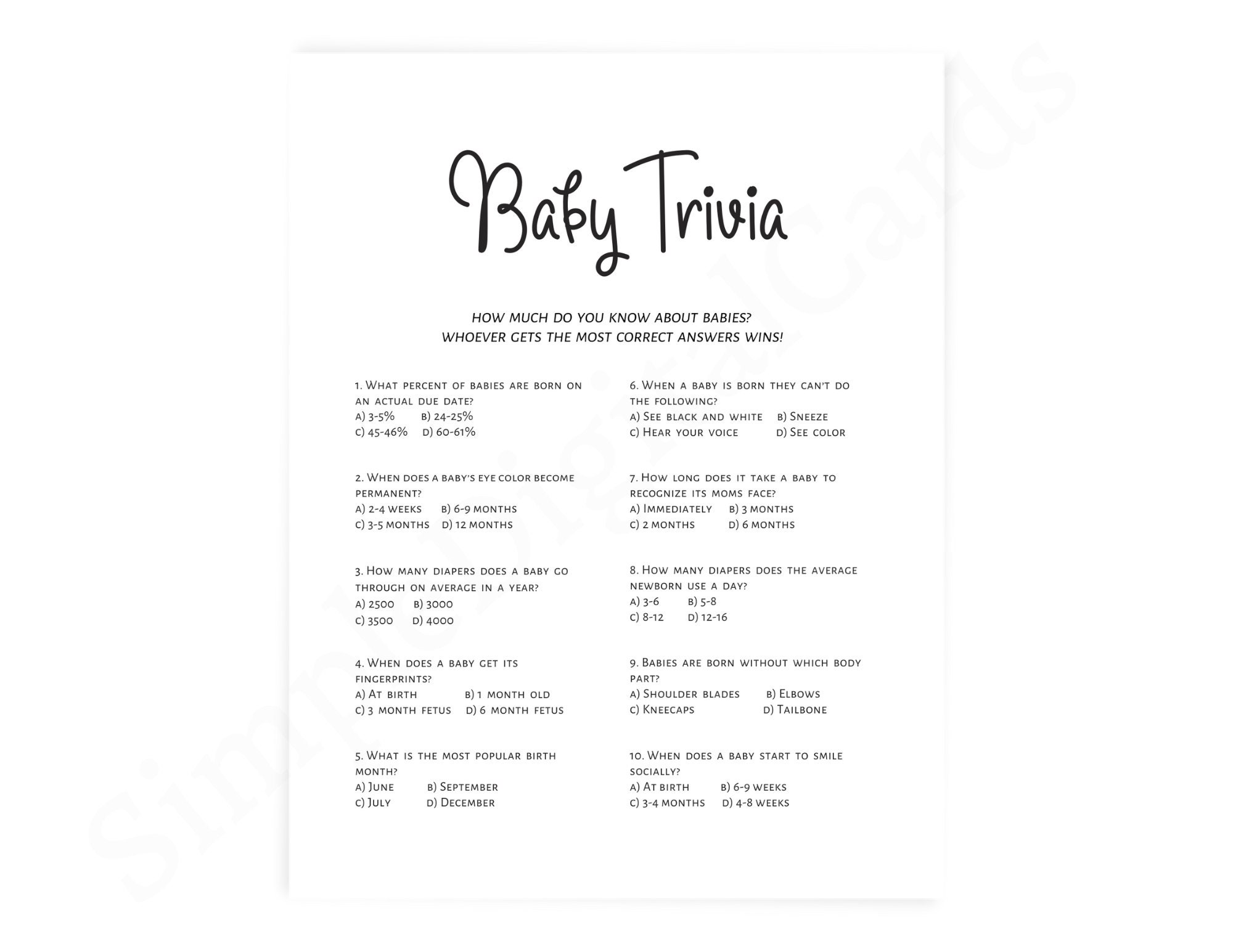 Baby Trivia, Baby Shower Game Minimalist, Baby Shower Quiz, Boy, Girl