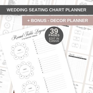 Hochzeitssitzplan bearbeitbar in Canva. Runder rechteckiger Tisch Sitzschablone. Hochzeits Dekor Planer Printable, digitaler Download