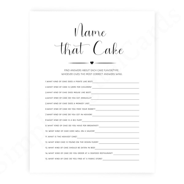 Name that cake, bridal shower game minimalist, game printable, digital download