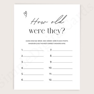Wie alt waren sie Brautparty Spiel minimalistisch. Digitaler Download