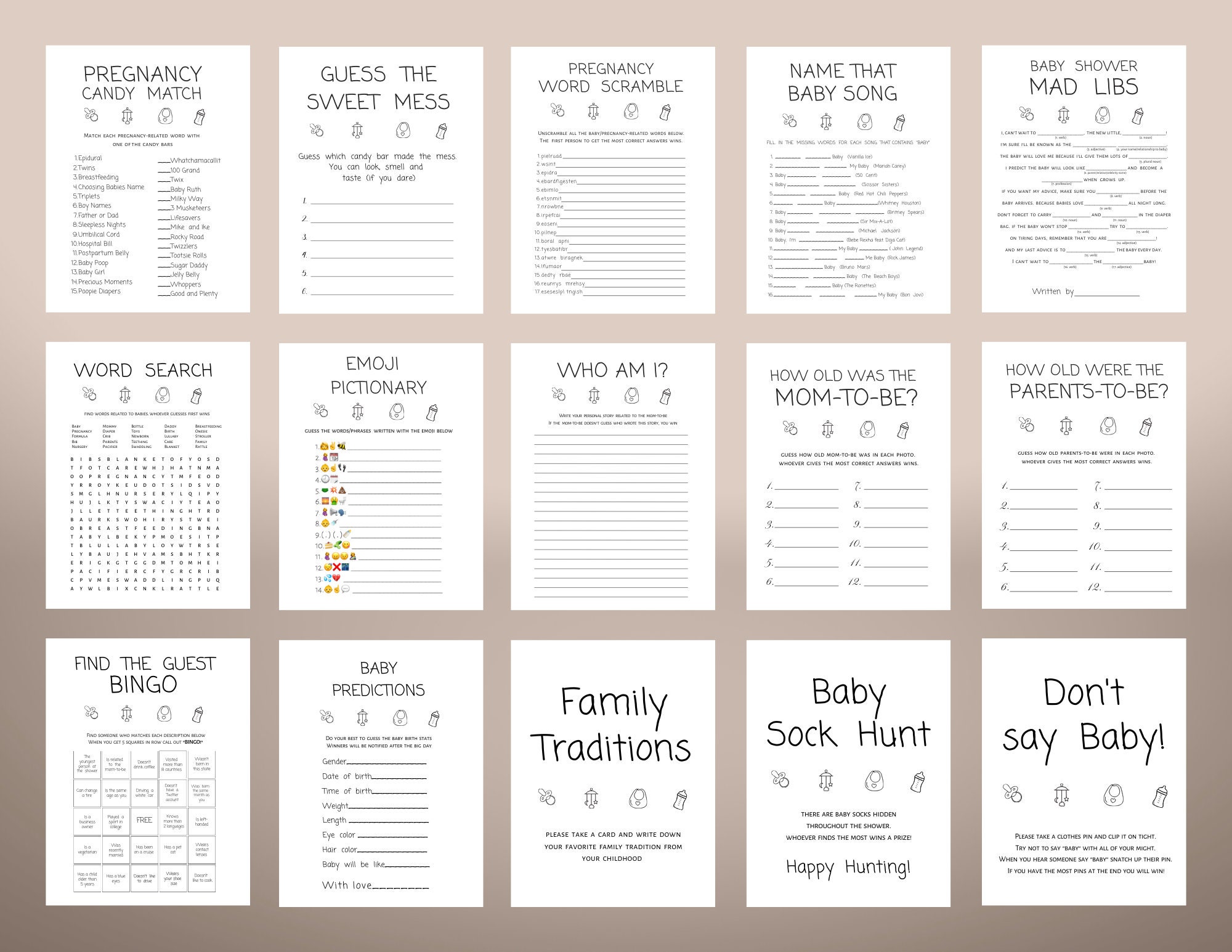 30 Baby Shower Games Bundle, Black and White Design, Games Printable