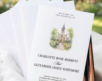 Catholic Wedding Program Folded Template With Illustration. Editable in Canva